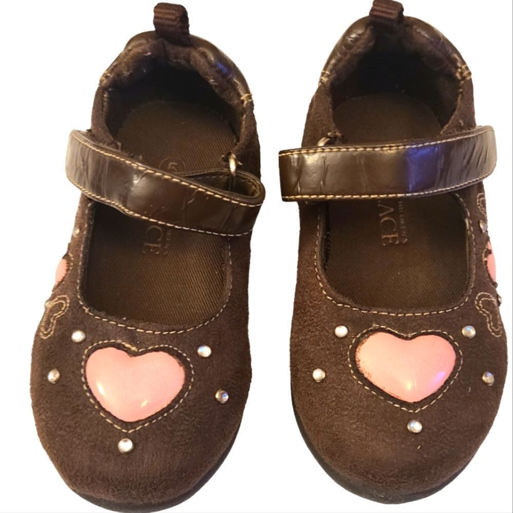 Children's Place Shoes Mary Jane's sz 5 Brown Suede Pink Hearts NEW